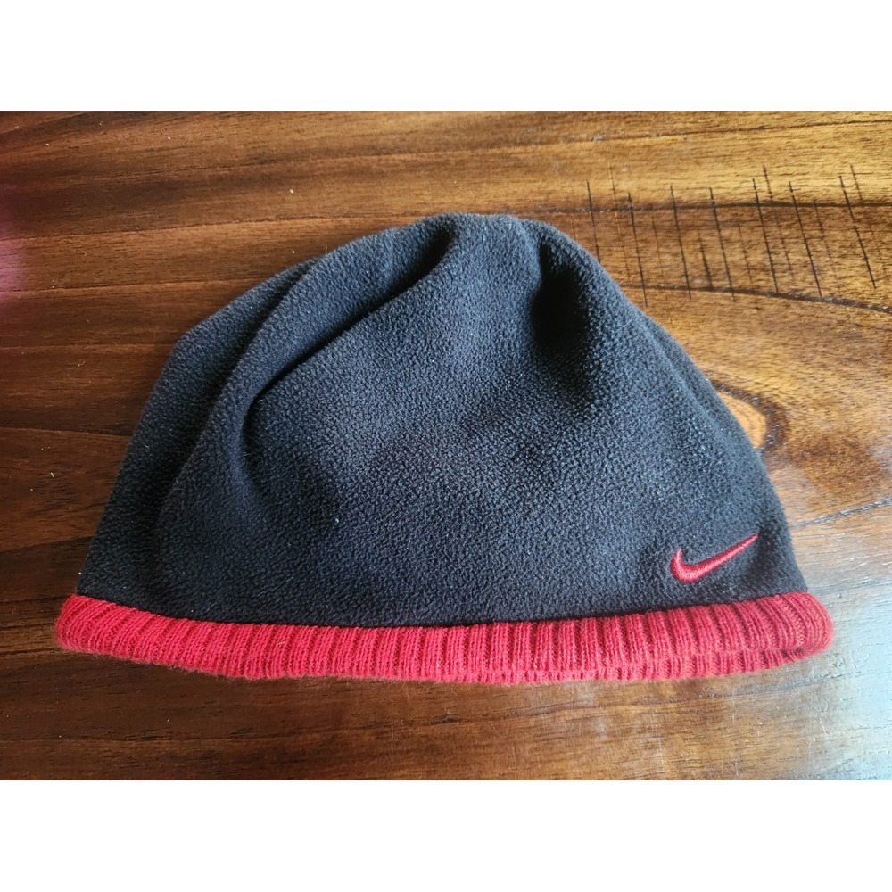 Nike Boys Hat Cold Weather Beanie Black Red Swoosh Youth 4 - 7 Toboggan